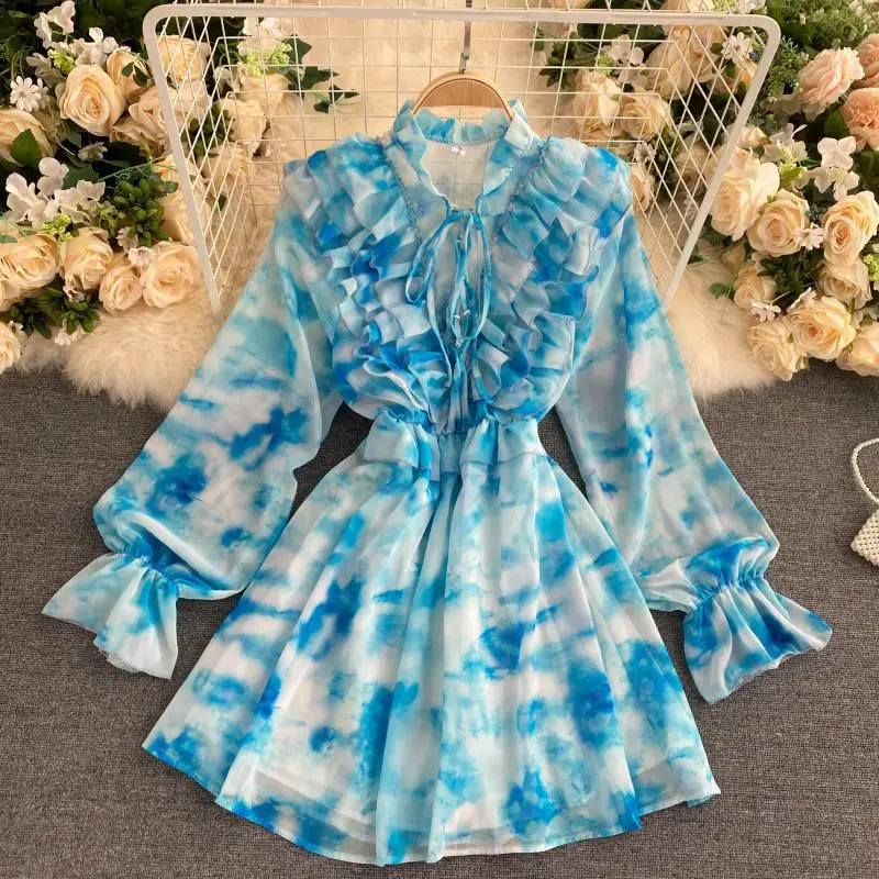

Women Tie Dye OL Dresses Casual Sexy Office Lady Y2K Chiffon Party Dress 2021 Fashion Irregularity Vestidos Clothes Wear D575