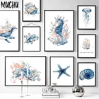 Картина Морская жизнь холст, Кит, Акула, морская звезда, медуза, скандинавские плакаты и принты, настенные картины для декора детской комнаты