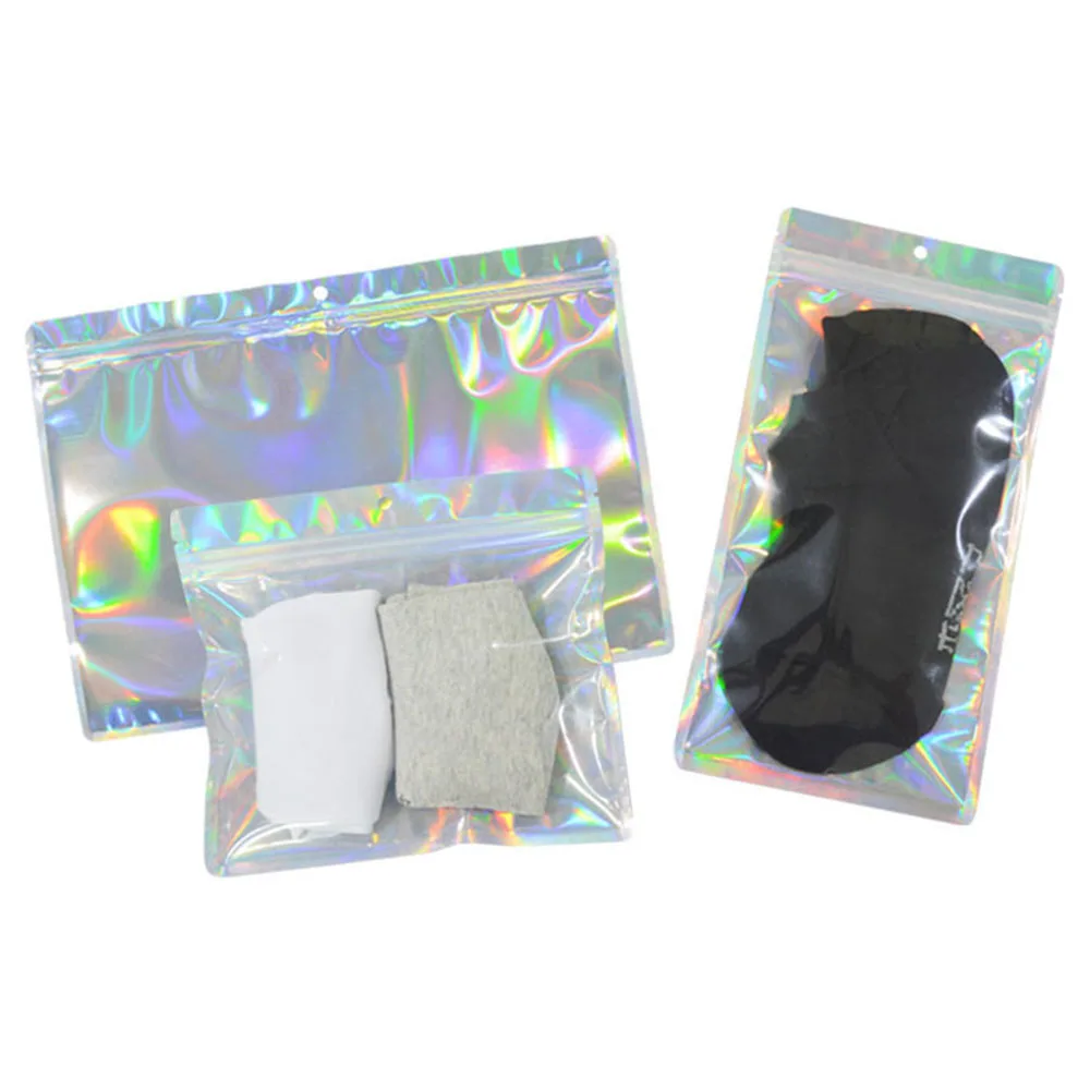 50Pcs Big Size Flat Hologram Zip Lock Cosmetic Bags Holographic Laser Zipper Top Jewelry Cosmetic Aluminum Foil Bags Hang Hole