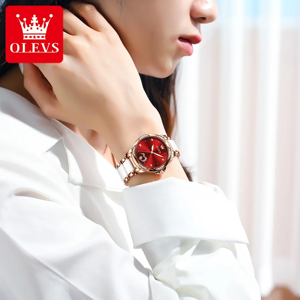 OLEVS Fashion Women Rhinestone Automatic Mechanical Watch Luxury Brand Ceramic Strap Elegant Ladies Watch Waterproof Clock reloj enlarge