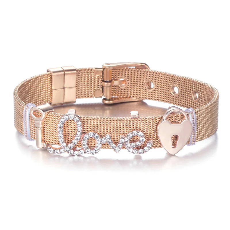 Rose Gold Color Высококачественный сетчатый Браслет из нержавеющей стали, очаровательный брендовый браслет с кристаллами для мамы, для женщины, жена мать, подарок на день - Окраска металла: Rose Gold Color