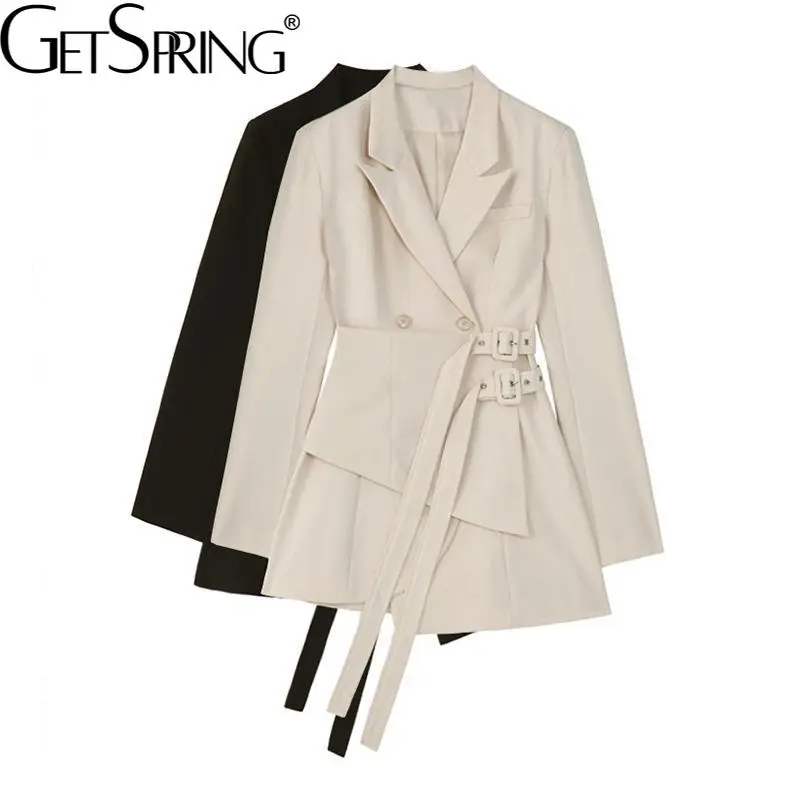 

Getspring Women Blazer Dress long slim Patchwork Asymmetry Vintage Women Coat Jackets Black Apricot Bandage Fashion Outfit 2021