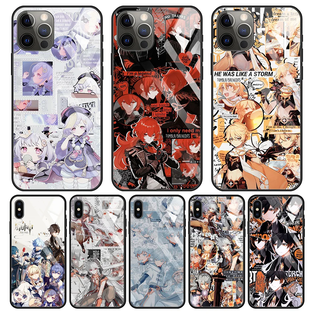 

Tempered Glass Case For iPhone 12 11 Pro Max 13 12 Mini X XR XS Max 8 7 6s Plus SE 2020 Silicone Phone Shell Genshin Impact