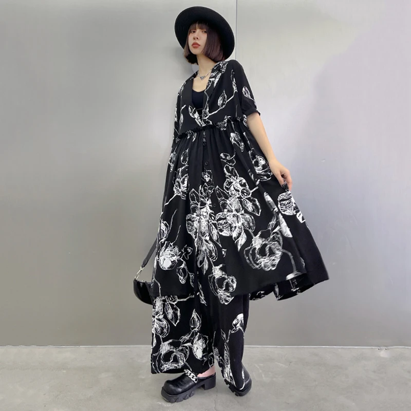 

Wide Leg Pants Printed Two Piece Suit New V-Neck Long Sleeve Black Loose Fit Women Fashion Tide Spring Autumn 2021 Z683