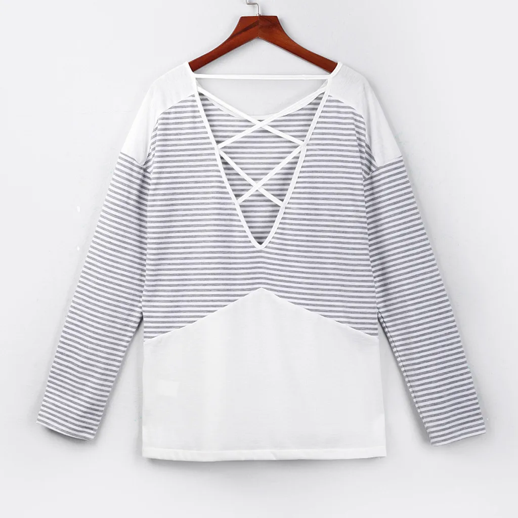 Весенне-осенние женские футболки SAGACE в полоску с круглым вырезом открытой спиной