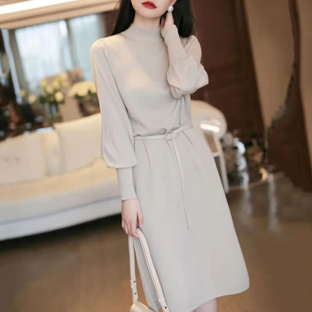 

Half Turtleneck Sweater Dress Elegant Women Lantern Sleeve Long Sleeve Mid-length Solid Color Knit Dresses Vestidos De Mujer
