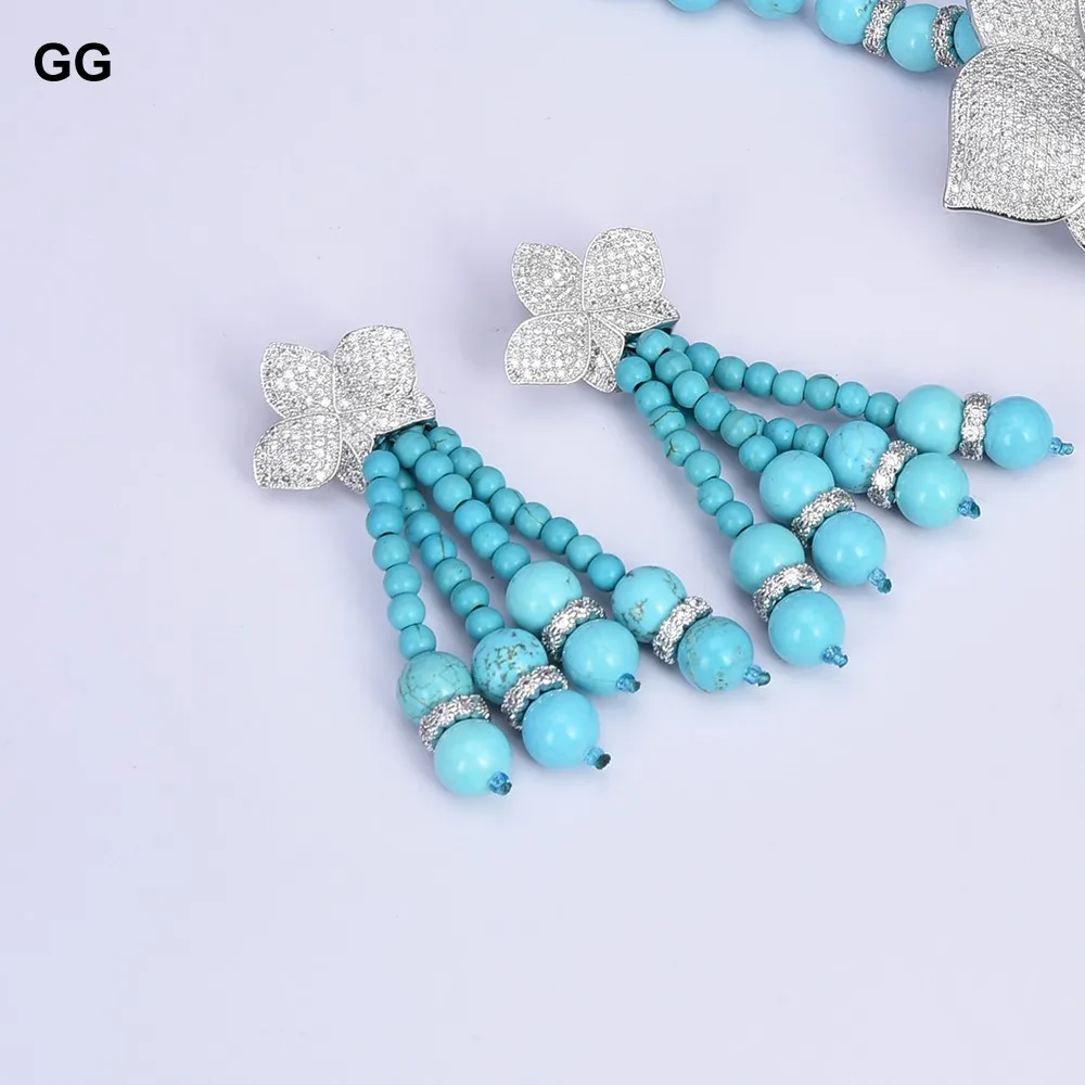 GG Jewelry 25 &quotСиний Бирюзовый камень кубический цирконий паве цветок кисточка кулон