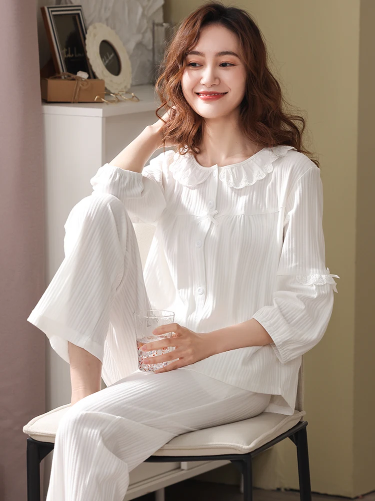 

Vintage Women's Pajamas Sets Winter Sweet Nightwear White Pijamas Pour Femme 100% Cotton Pyjamas Retro Sleepwear 2pcs Loungewear