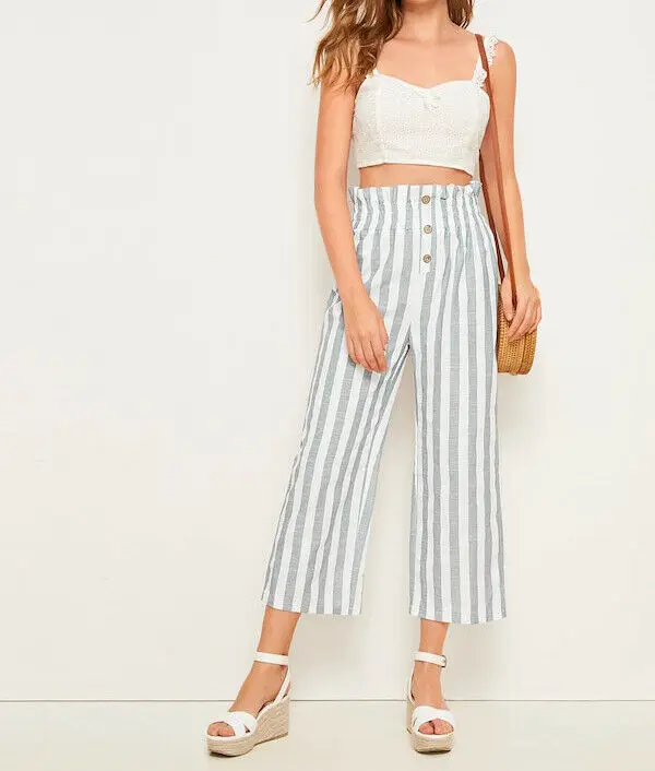 

Women Summer Stripe Wide Leg Button Elastic Waist Casual Trousers Crop Pants