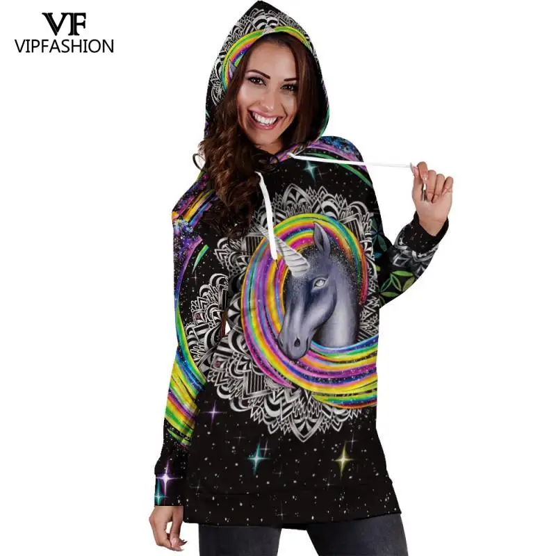 VIP модное осенне-зимнее платье с капюшоном принтом единорога длинным рукавом