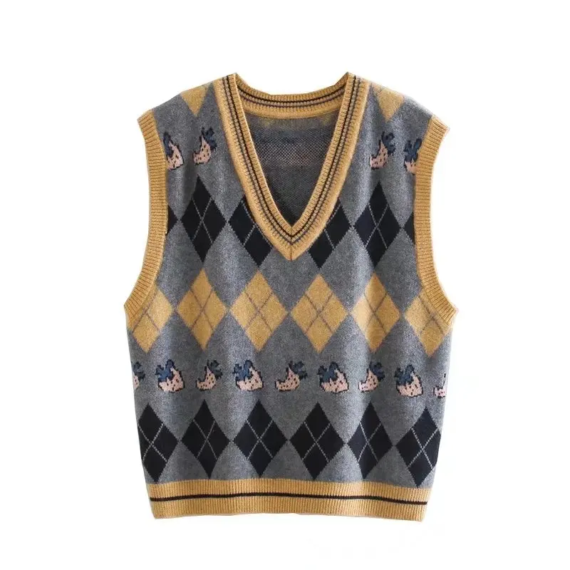 

Unizera 2021 Za женский осенний Новый V-образный вырез мультяшный геометрический узор сердечник из пряжи без рукавов женский Ma Jiachao