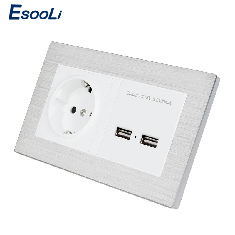 Настенное зарядное устройство Esooli с двумя USB-портами и панелью из нержавеющей