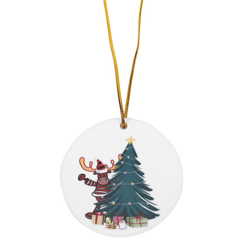 

2Pcs Christmas Gift Pendant Santa Claus Holiday Ceramic Ornaments Printed Pattern Ornaments Deer