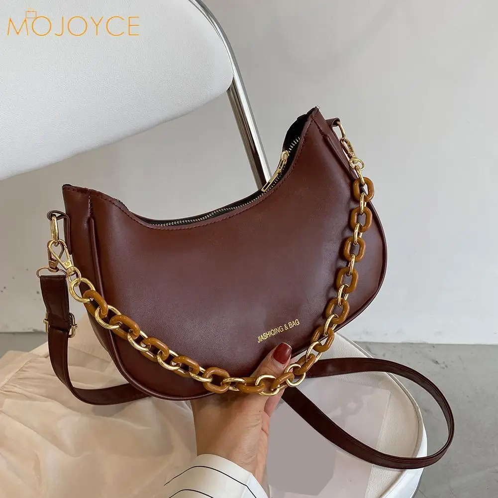 

Fashion Women PU Leather Shoulder Crossbody Messenger Bag Casual Ladies Thick Chain Solid Color Hobos Handbags Purse