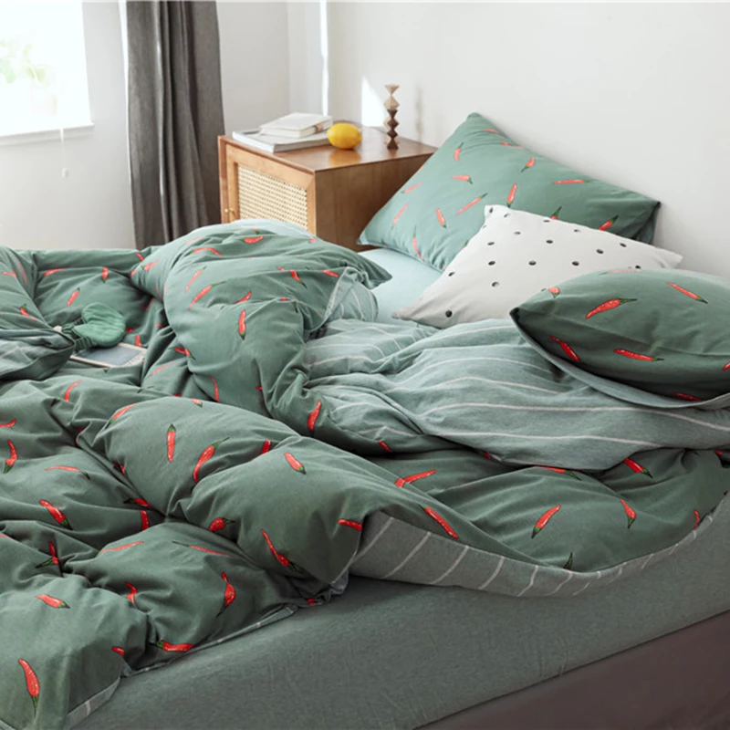 Little Fresh Style Printing Bed Set Pure Cotton 4pcs Duvet Cover Sheet Pillowcases Pepper Orange Cactus Carrot | Дом и сад