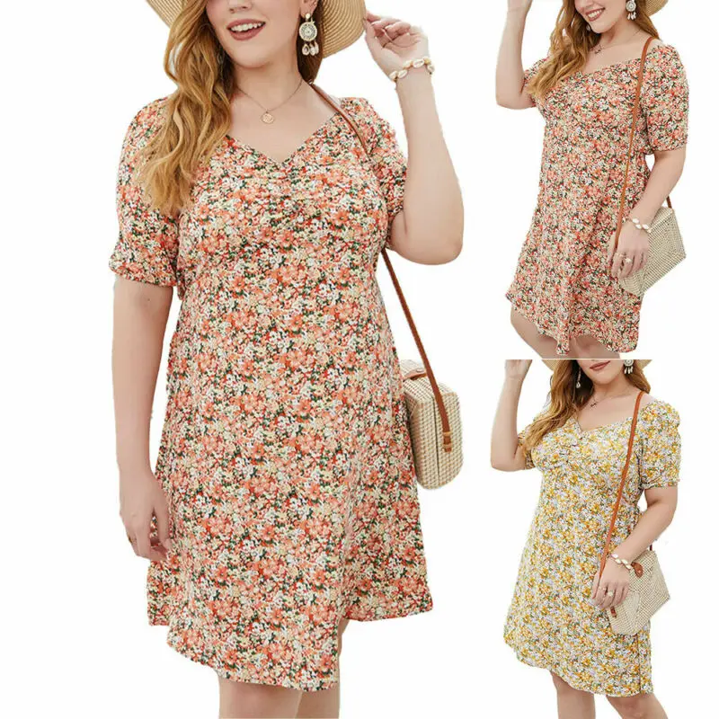 

Woman Dress Plus Size Summer Clothing Female Floral Short Sleeve V-Neck Ladies Vestidos Summer Casual Dress for Women