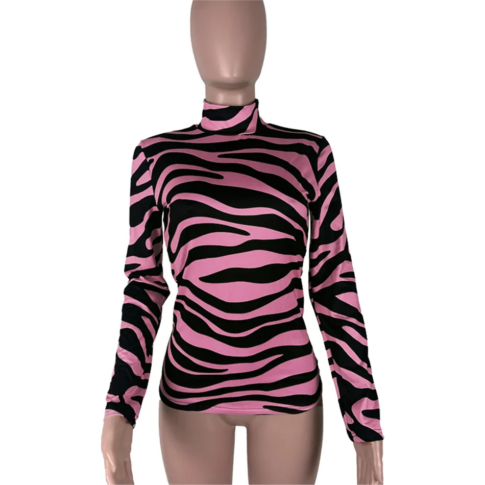 

High Elastic Women T-Shirts Striped Printing Spring New Turtleneck Long Sleeve Skinny Clubwear Sexy Pullover