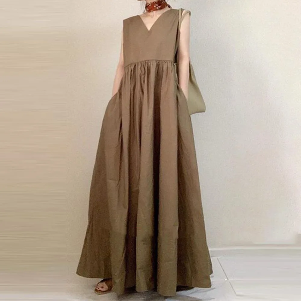 

Sleeveless V-neck Casual A- Line Tank Dress Women 2021 Spring Korean Style Solid Color High Waist Long Dress