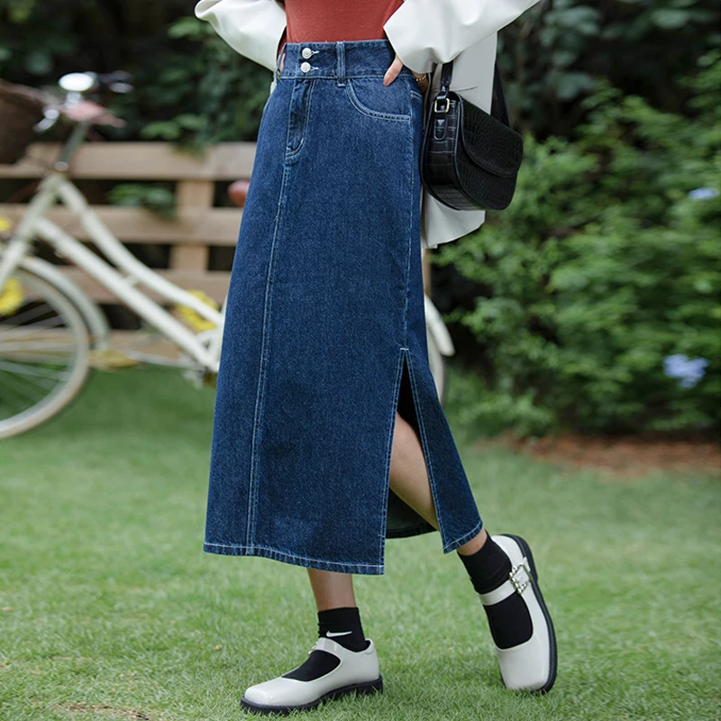 

Denim Long Skirts Women Autumn and Winter 2021 New Korean Fashion Harajuku High Waist Vintage Split Blue Y2k A-line Midi Skirts