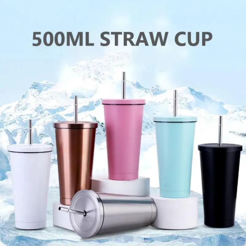 

Stainless Steel Straw Cup Coffee Mug 500ml Mug With Lid Beer Mugs For Tea Cup Metal Cup Drink Straw Travel Cups Tumbler Cup