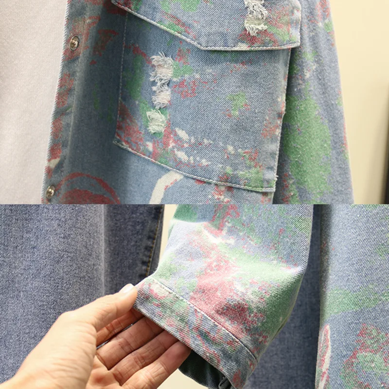 

2021 Vintage Cotton Plus Size Denim Jacket Loose Lapel Long Coat Women Hole Printing Long Sleeve Streetwear Korean Ropa Mujer