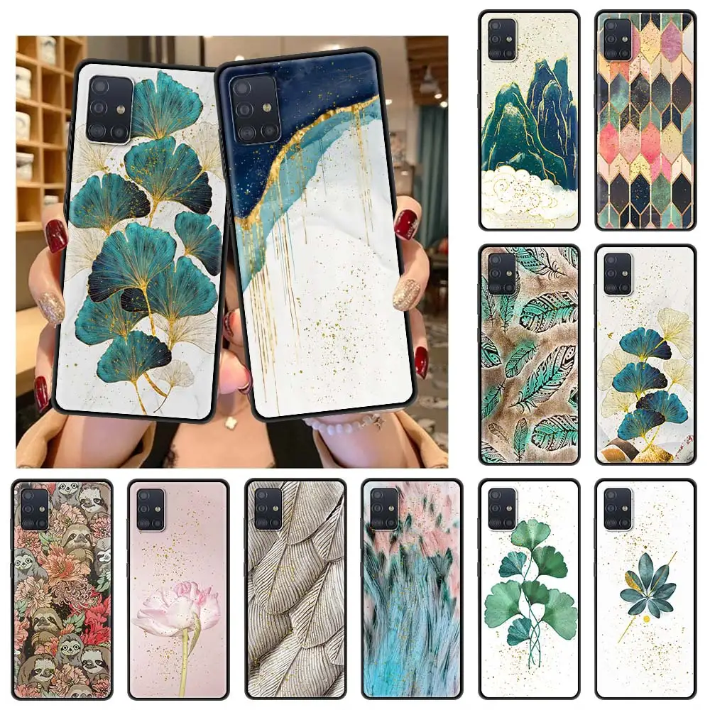 

Gingko Flower Case For Samsung Galaxy A51 A71 A21s M31 A31 A91 A41 A42 A21 M51 M30s S21 S20 FE Gold Foil Art Black Phone Coque