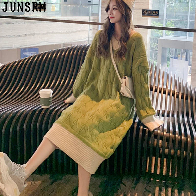 

Цельнокроеное платье с V-образным вырезом, женское вязаное платье-свитер, новинка 2020, зимнее высокоэластичное вязаное платье с косами, шикар...