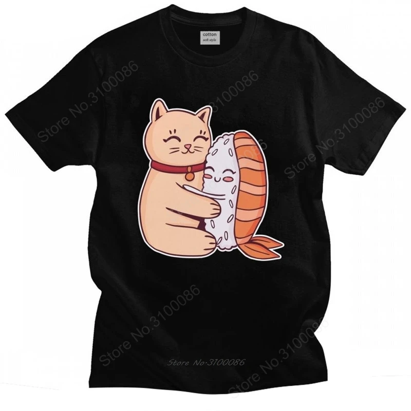 

Kawaii Cat And Sushi Tshirt Men Pure Cotton Awesome T-shirt Short Sleeves Cartoon Animal Art Tee Shirt Fitted Summer Clothing