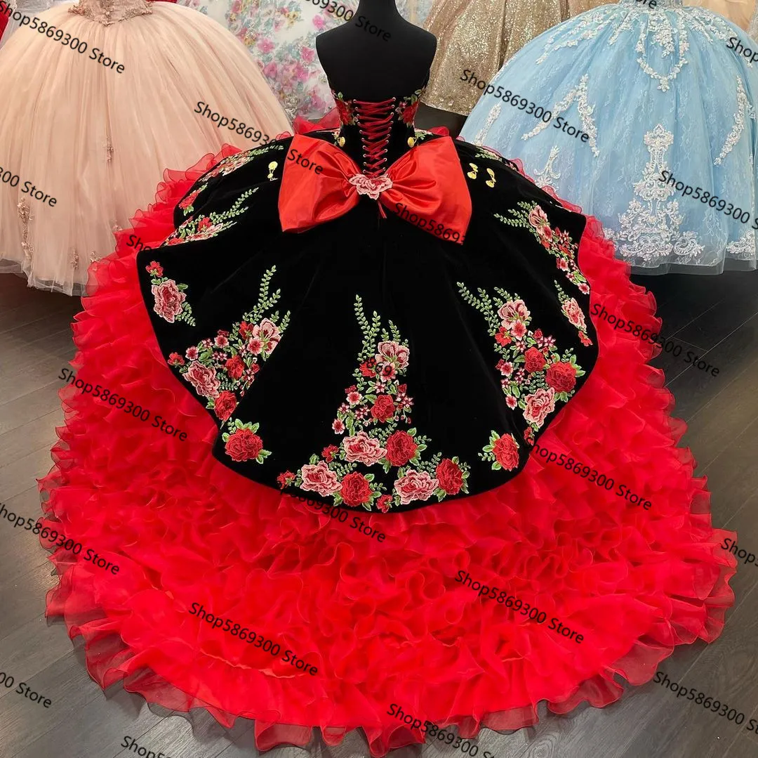 Black Red Princess Quinceanera Dresses 2025 Velvet Embroidery Lace-up Corset Gothic Ruffles Tiered Masquerade Party Gowns