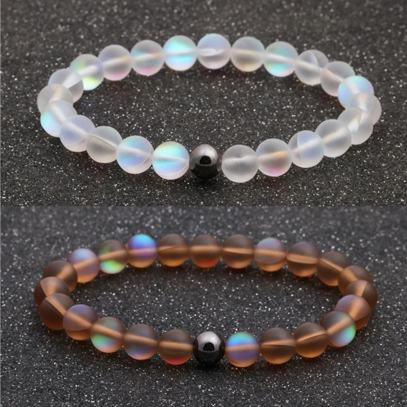 

Round Mystic Glass Beaded Stretch Bracelet 8mm Matte Moonstone Beads Bracelet