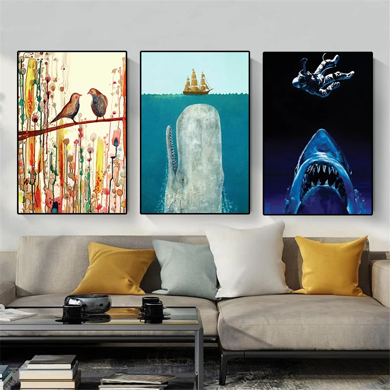 

Nordic Couple Bird Whale Shark Canvas Oil Painting Posters and Prints Street Art Animal Wall Picture for Living Room Home Decor