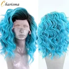Харизма короткие парики Омбре синий синтетический кружевной передний парик черные корни короткие волнистые парики для женщин парик из высокотемпературного волокна