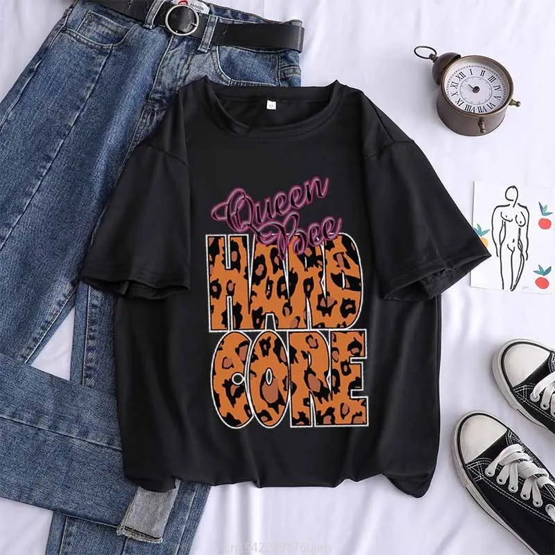 

2021 New Letter Leopard Print Short-sleeved T-shirt Large Size Loose Couple Top TeesCasual Print Top O-Neck Harajuku