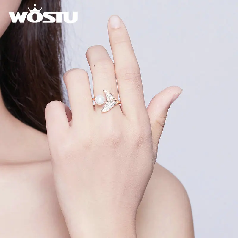 WOSTU 100% 925 Sterling Silver &amp Pearl The Tail Of Mermaid Adjustable Rings for Women Luxury S925 Jewelry Gift FIR286 | Украшения и
