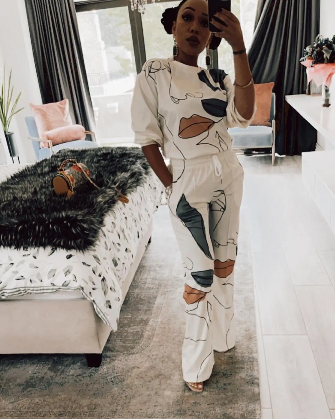 

Chocomist Two-pieces Casua Fashion Abstract Print Women Pant Set BX6052