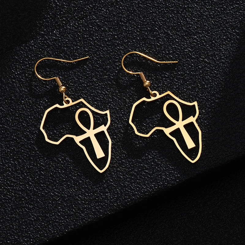 

African Map Ancient Egyptian Cross Earrings Exaggerate Earring Africa Nile Key Traditional Ethnic Stainless steel Jewelry Gift