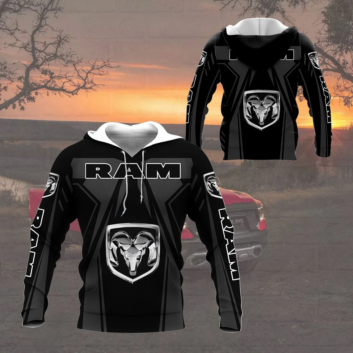 

New spring and autumn brand car logo RAM fashion casual men's 3D digital printing hooded zipper shirt sports unisex jacket RAM01