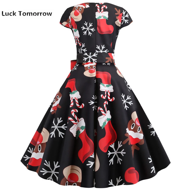 Повседневные Черные рождественские платья с принтом Санты размера плюс 50s 60s