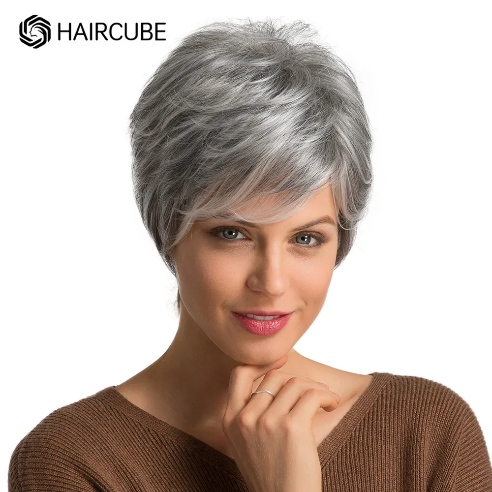 Парик HAIRCUBE с короткими седыми волосами и челкой парики-фея серебряной золой для