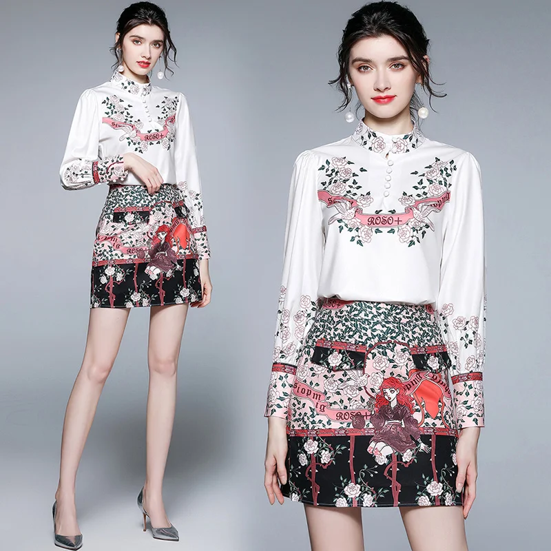 

Fashion 2021 Summer Two Piece Set Women's Stand Button Long Lantern Sleeve Flower Print Satin Shirt Top＋High Waist Skirt Suit