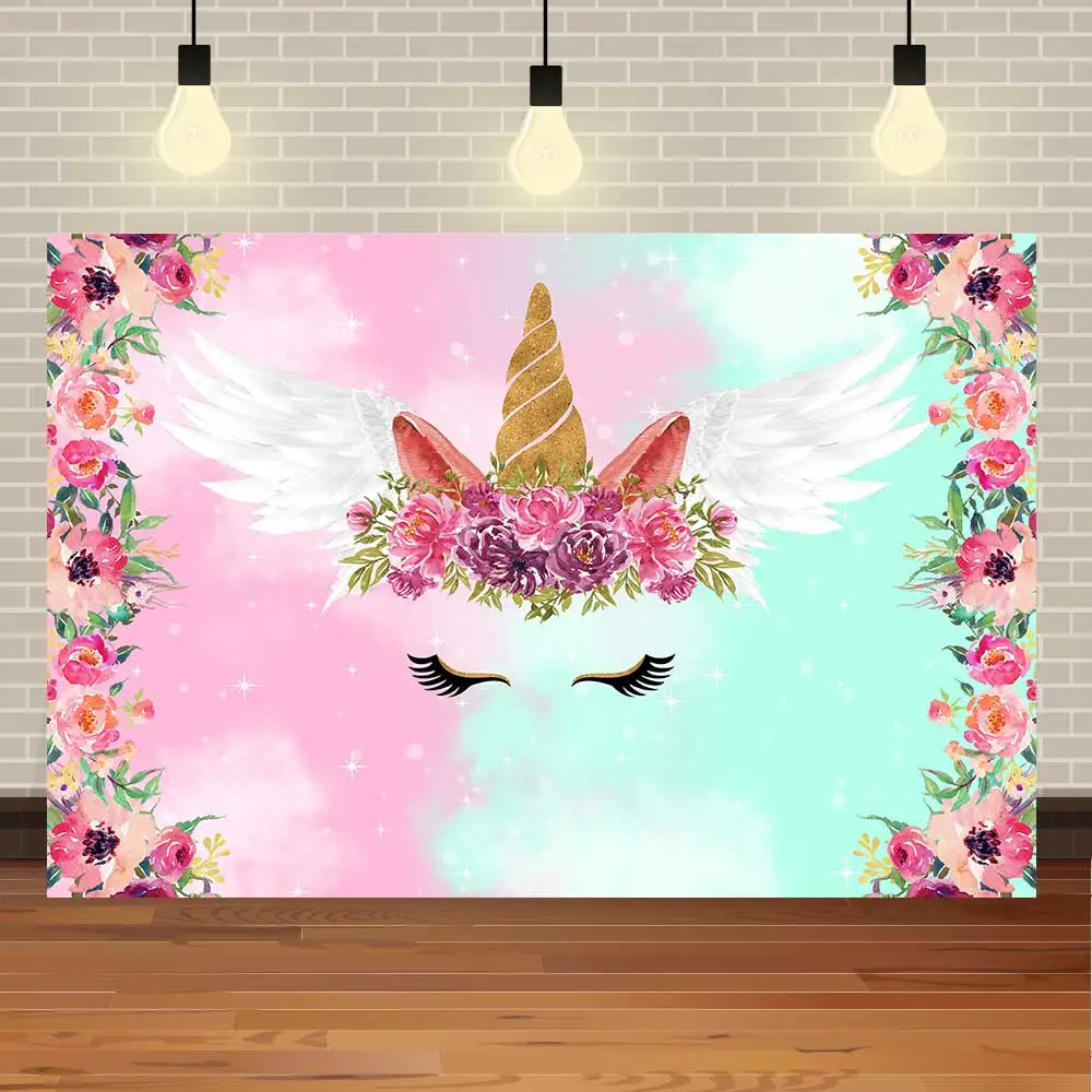 

Виниловые тканевые фоны с изображением единорога крыла цветка с именем на заказ для детского дня рождения баннер для фотостудии