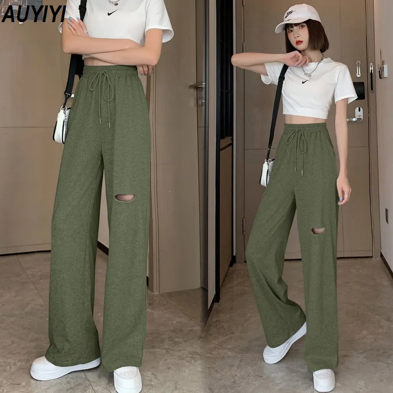 

AUYIYI Army Green Thin Ripped Pants 2021 Summer Women's Fashion High Waist Loose Drape Straight Mopping Casual Gray Pants