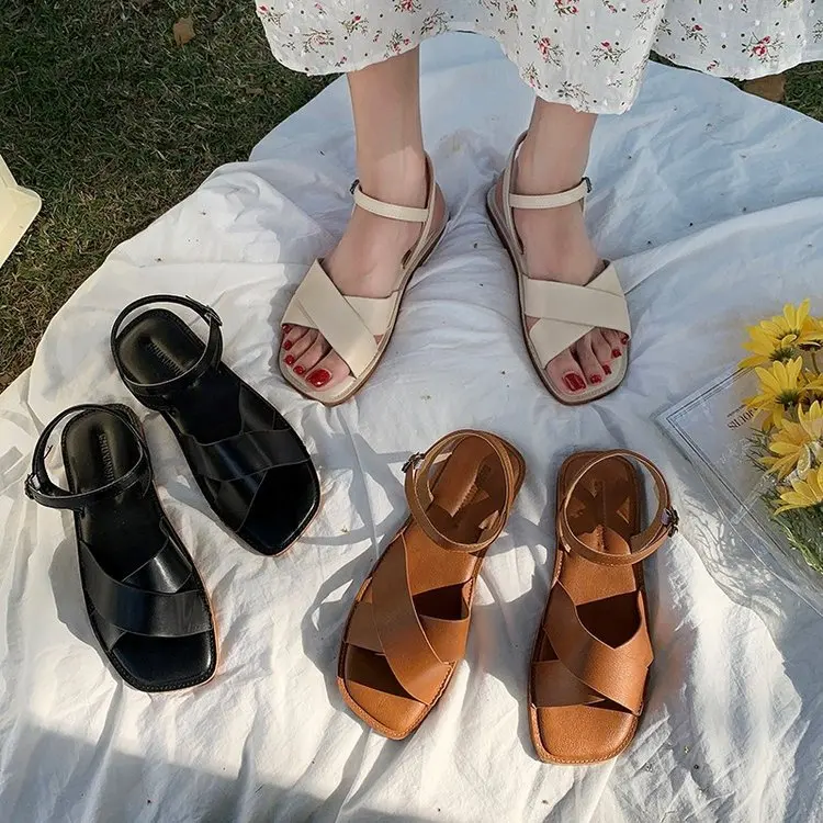 

Women Flats Sandals 2021 Summer Casual Open Square Toe Leather Vintage Shoes Fashion Rome Style Brown Female Casual Sandals