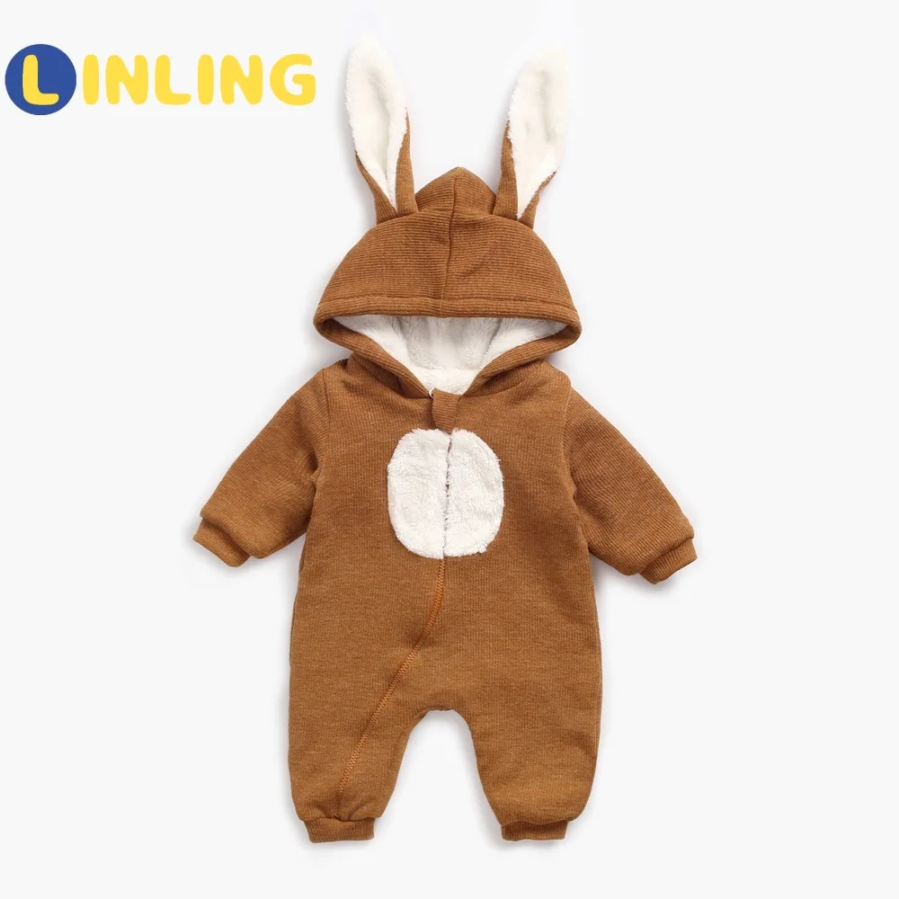 

LINLING Winter Newborn Baby Hoodie Clothes Boys Baby Girl Cartoon Cute Rabbit Ears Jumpsuit Christmas Romper Warm Clothing P563