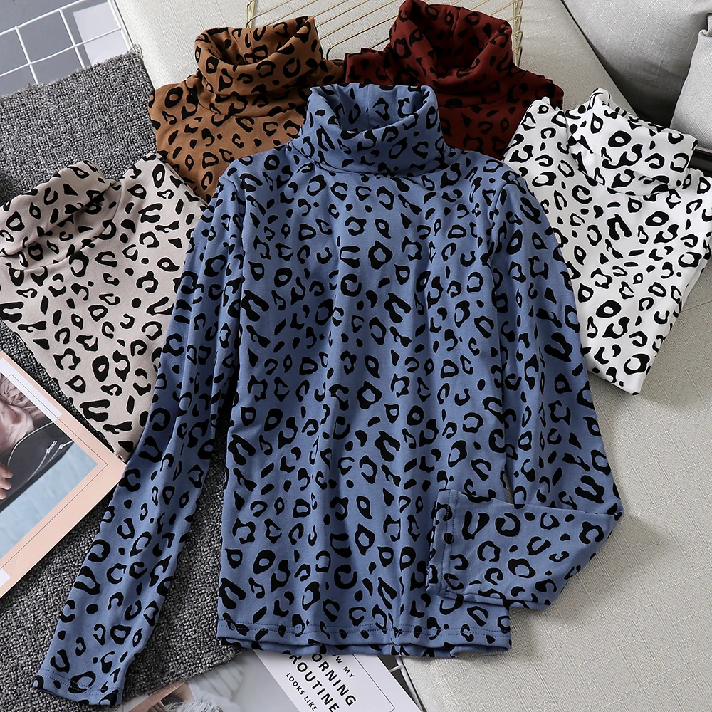 Новинка 2019 женские футболки леопардовая Водолазка с длинным рукавом топы модная
