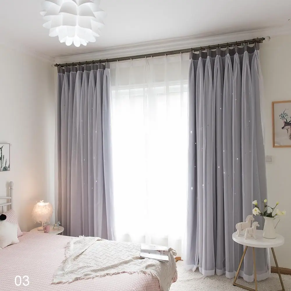 

Fashion 2 Layers Hollow Star Thermal Insulated Blackout for Living Room Bedroom Window Curtain Blinds Stitched with White Voile