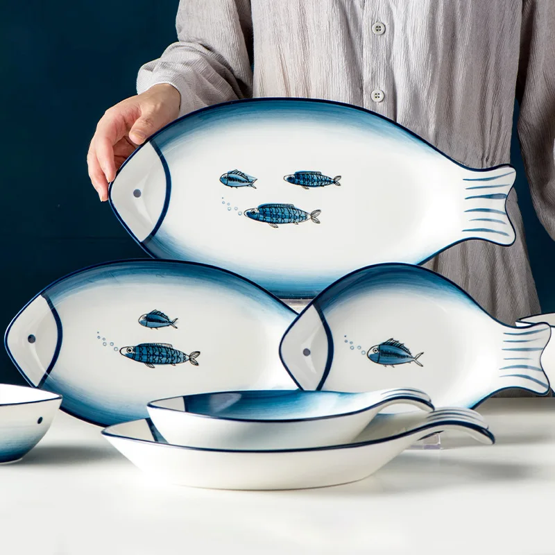 

Nordic Simple Ceramic Plate Creative home large fish plate rectangular shallow dish cartoon tableware diner