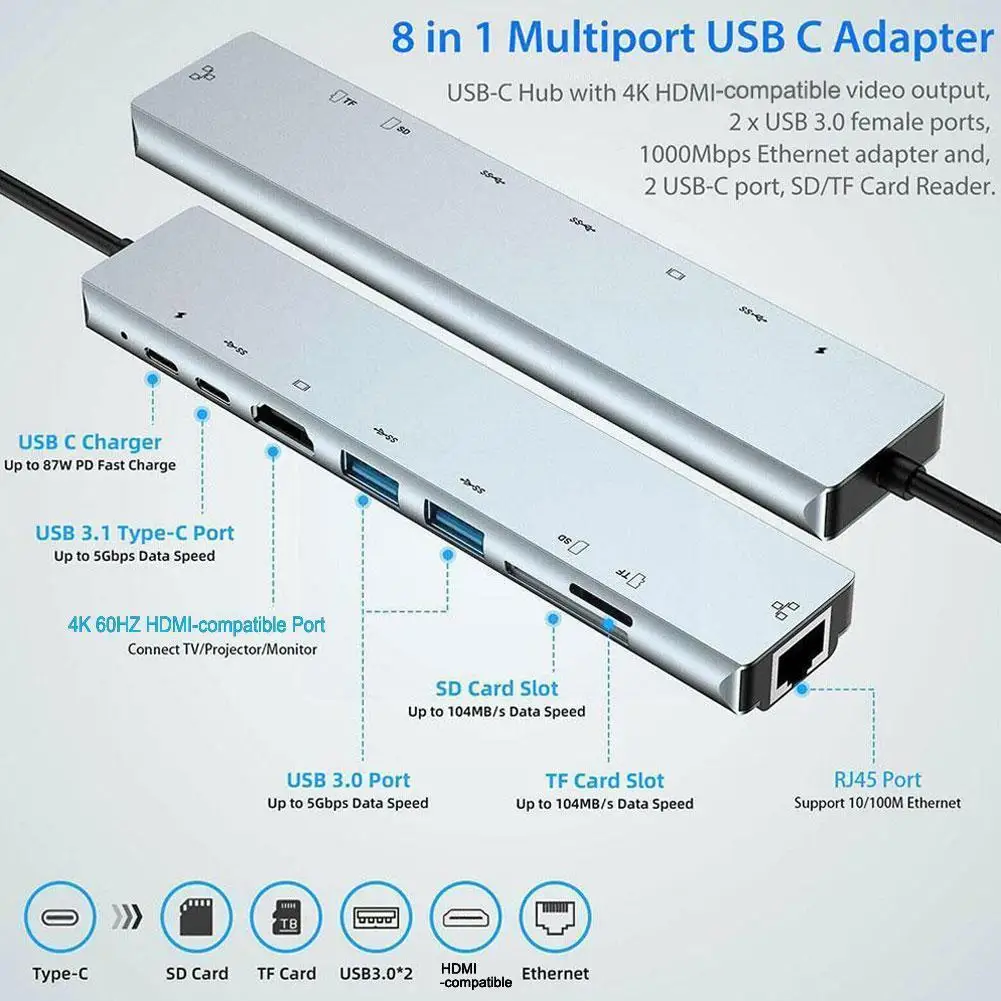 

8 в 1, адаптер с портом Usb Type-C на Usb-c 4k, совместимый с Usb 3,0, кабельный концентратор для компьютера, планшета, ПК, ноутбука T4b7