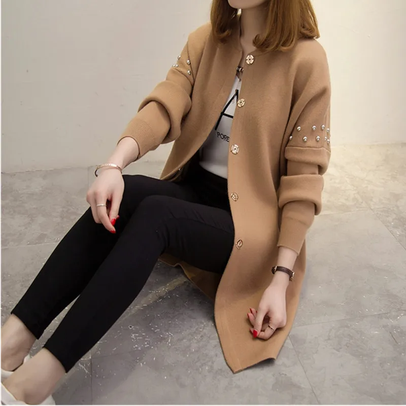 Женский кардиган средней длины однотонный свободный свитер с круглым вырезом и