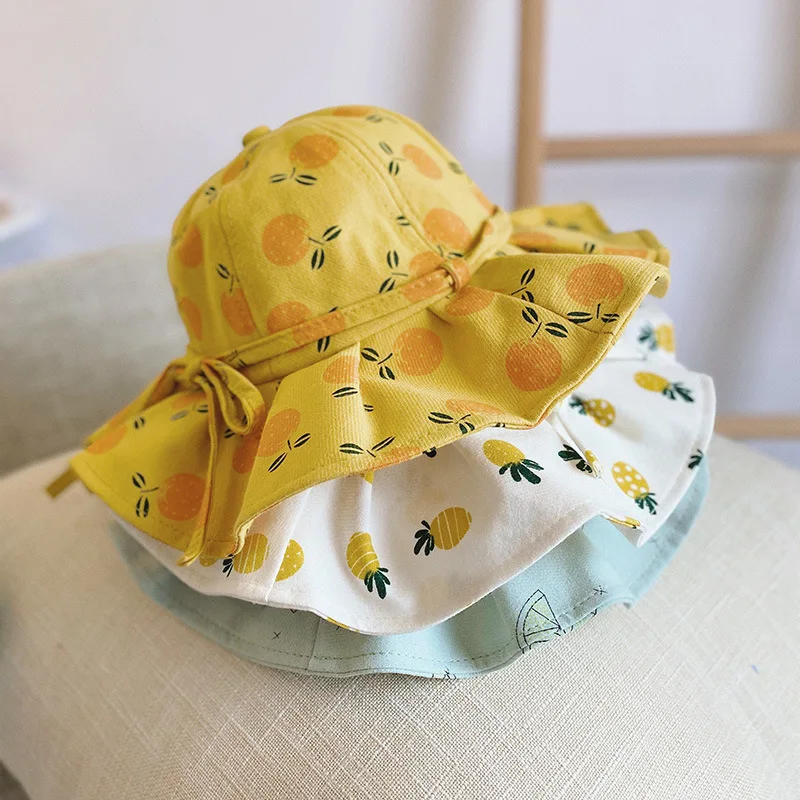 

Summer Girl Fruit Print Sun Fisherman Hat Boy Cotton Breathable Bucket Hat Child Light Weight Solid Color Fashion Travel Hat